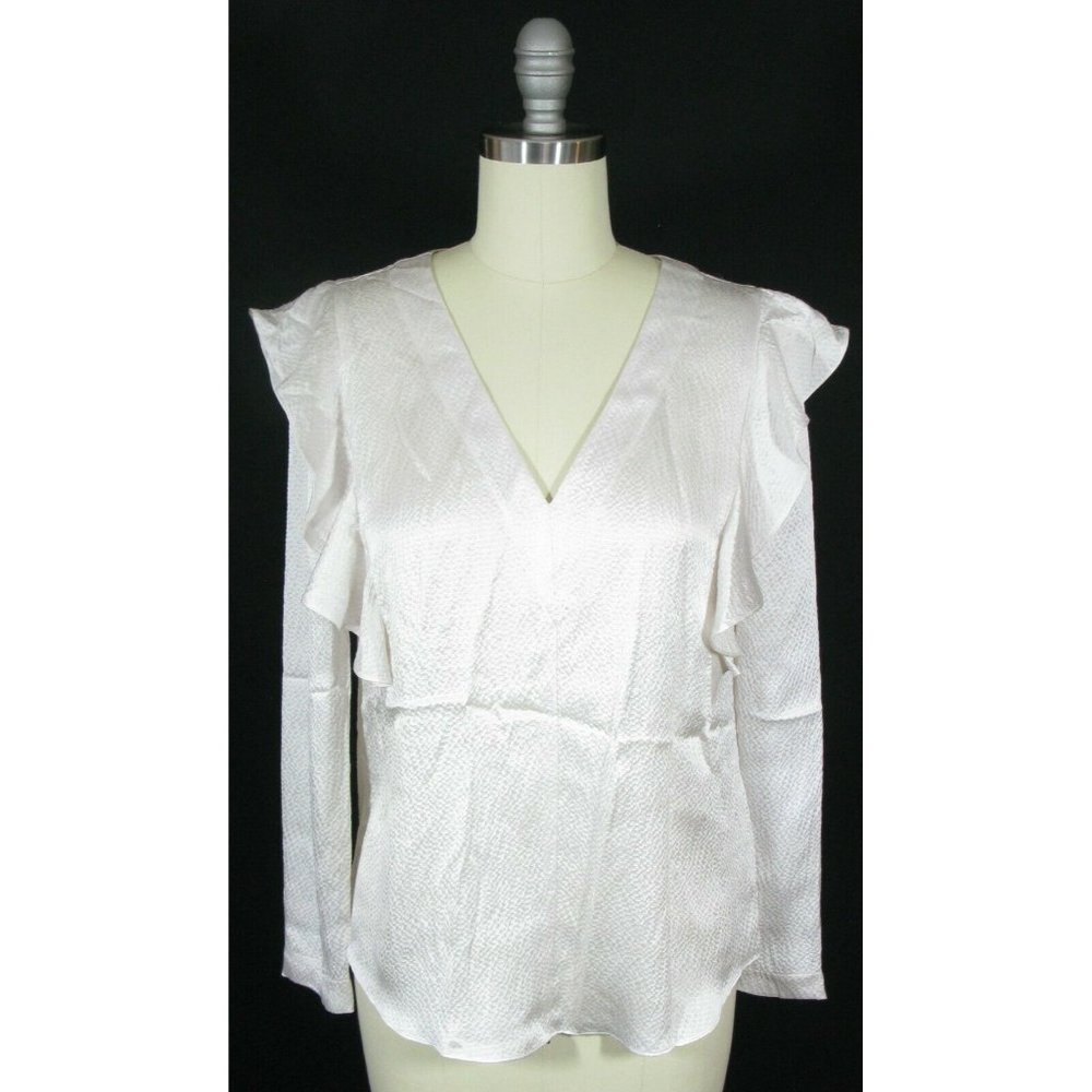 REBECCA TAYLOR Size 2 Ivory Long Sleeve Ruffle Hammered Silk V neck Blouse Top - Picture 1 of 4